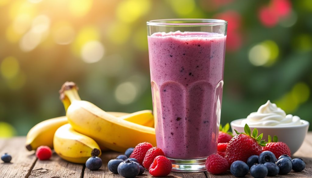 découvrez notre irrésistible smoothie à base de banane, de fruits rouges frais et de yaourt grec crémeux. un délice renversant qui ravira vos papilles et boostera votre énergie !
